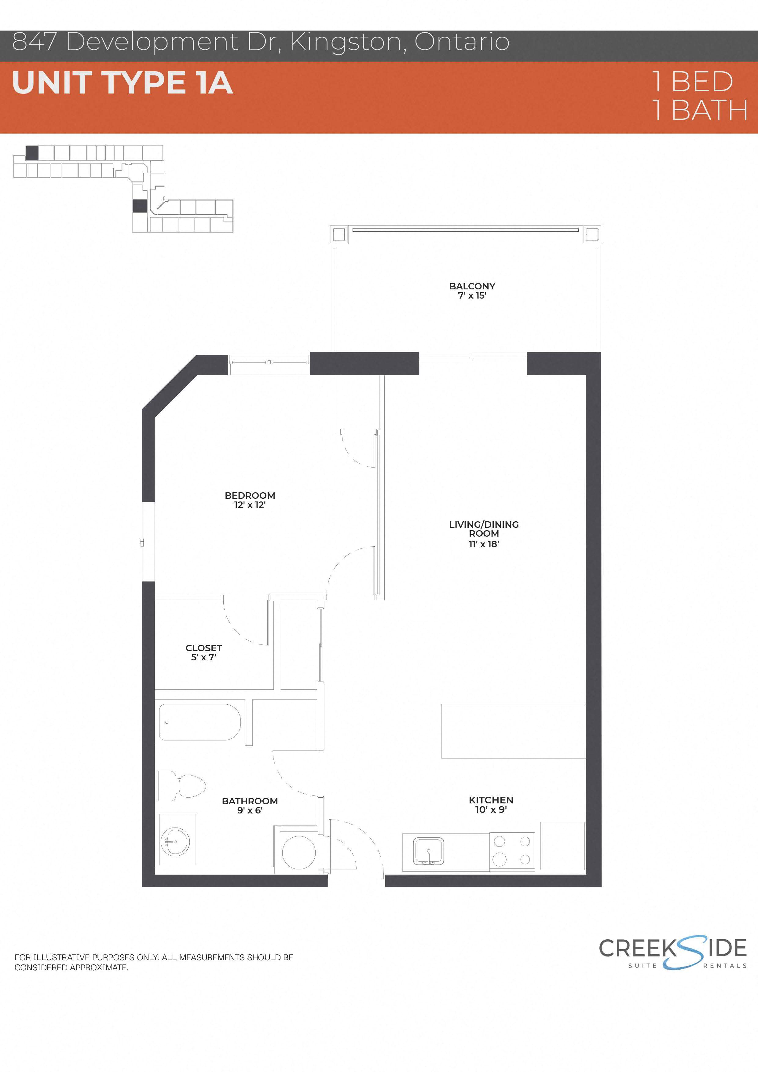 Floor plan for 1 bed, 1 bath, 723 sqft